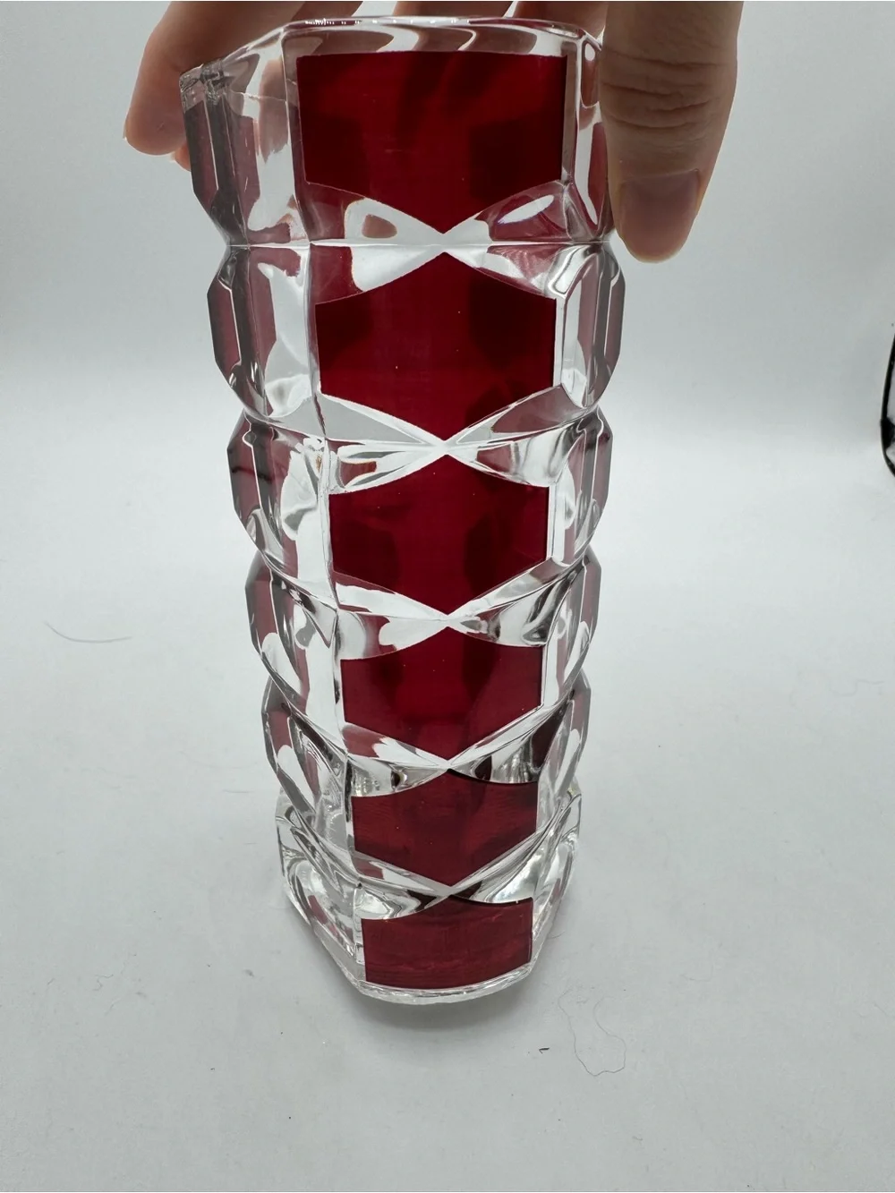 VINTAGE FRENCH GLASS VASE LUMINARC DURAND GEOMETRIC DESIGN CRANBERRY